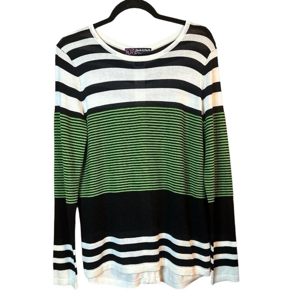Peck & Peck Green Black Striped Scooped Neck Zip Back Lightweight Knit Top